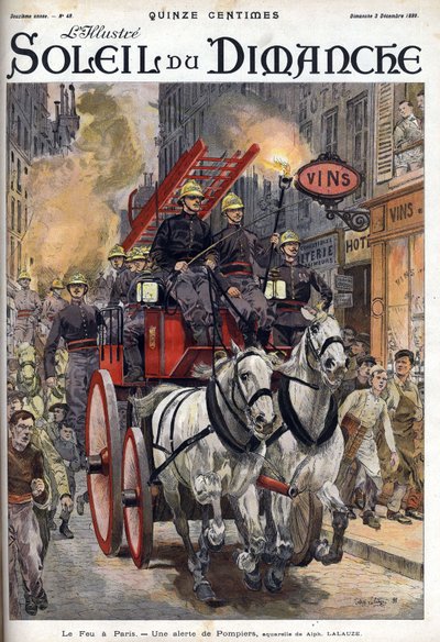 Incendie à Paris : une alerte des pompiers. Gravure dans « Le soleil-du-dimanche », 3 décembre - Unknown artist