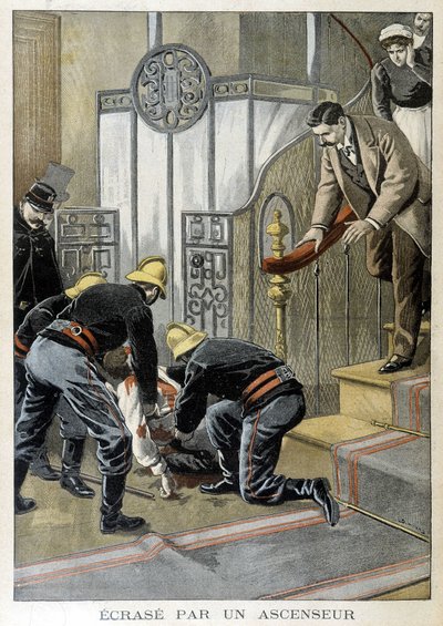 Pompiers sauvant un homme écrasé par un ascenseur dans un immeuble parisien. Illustration du « Petit Journal » de 1899. - Unknown artist