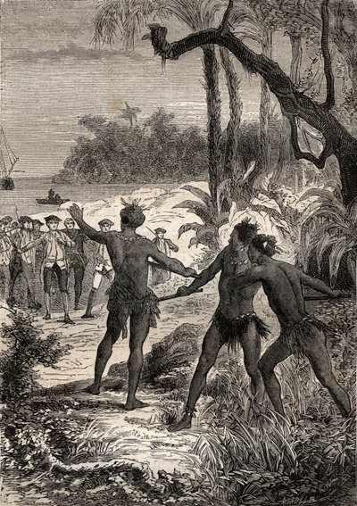 Premier voyage (1768-1771) du capitaine James Cook (1728-1779) : tandis que Cook et dix marins naviguent sur la côte méridionale de la Nouvelle-Guinée, trois Indiens surgissent des bois en criant - illustration tirée de « Les grands marins du XVIIIe siècle - Unknown artist