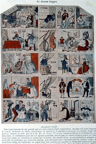 Cinq étages montrant les différentes classes sociales sous le second empire. Illustration représentée en coupe transversale d