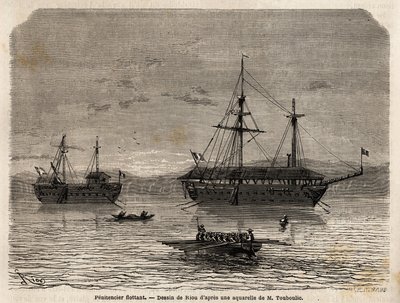 Pénitenciers flottants de Guyane française, une colonie dévolue à la captivité de ceux qui ont pris le contrôle des tribunaux et des hommes qui devaient rester. Gravure pour illustrer le voyage en Guyane française en 1862-1863, par Frédéric Bouyer, capitai - Unknown artist