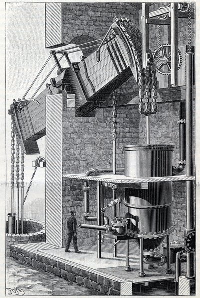 Ancienne machine à vapeur de Thomas Newcomen actuellement en fonctionnement près de Bristol en Angleterre. Gravure dans « La Nature » - Unknown artist