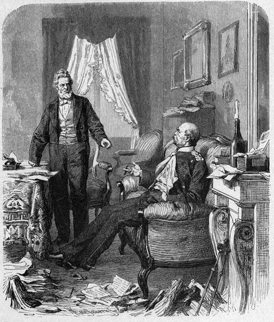 Guerre franco-prussienne (1870-1871) entretien entre le comte Bismarck et M. Jules Favre, septembre 1870 - entretien politique entre le chancelier Bismarck (1815-1898), Jules Favre (1809-1880) à Versailles dans la maison de Madame Jesse - Gravure du XIXe s - Unknown artist