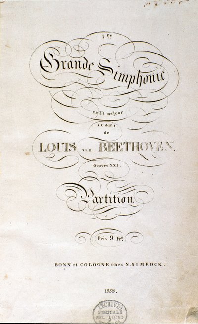 Frontispice de la première édition allemande de la partition de la Symphonie n° 1 en do majeur par le compositeur allemand Ludwig van Beethoven (1799-1800) - Unknown artist