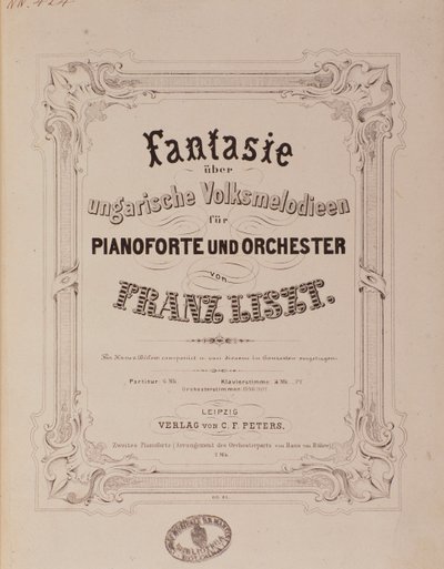 Frontispice de la partition Fantaisie pour piano et orchestre par Franz Liszt (1811-1886) XIXe siècle Bologne, musée civique de la musique - Unknown artist