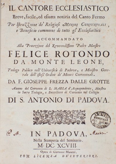 Frontispice de Il cantore ecclesiastico par Giuseppe Frezza dalle Grotte - Unknown artist