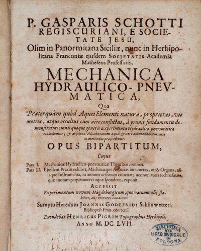 Frontispice de Mechanica Hydraulico Pneumatica par Gaspar Schott - Unknown artist