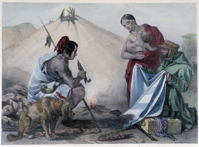 Échange de fourrure contre du tissu entre les Indiens Hurons canadiens et un homme blanc - Unknown artist