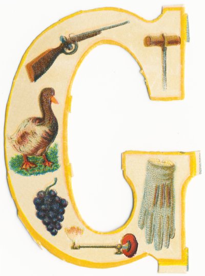 G : fusil, vilebrequin, oie, raisin, lampe à gaz, gant - Unknown artist