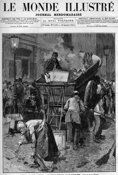 Poubelle, le nouveau camion rue du Cherche-Midi à Paris. Hommes et femmes ramassant les déchets dans une rue de Paris pour les mettre dans une charrette, nettoyant ainsi la ville. Gravure dans "Le Monde Illustré" - Unknown artist