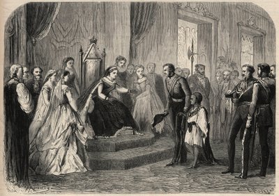 Le général Robert Cornelis Napier (1810-1890) présente Leul Alemayehou Tewodros (1861-1879), fils du négus éthiopien Théodoros II, à la reine Victoria. Gravure dans L