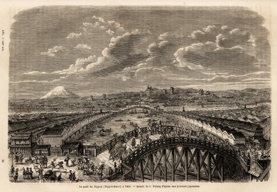 Vue générale de Yedo (ou Edo, Tokyo actuel) depuis le pont Nippon Bashi, animation des passants et porteurs sur le pont, entre les allées marchandes, vue des boutiques et en arrière-plan, vue du Mont Fuji. Gravure - Unknown artist