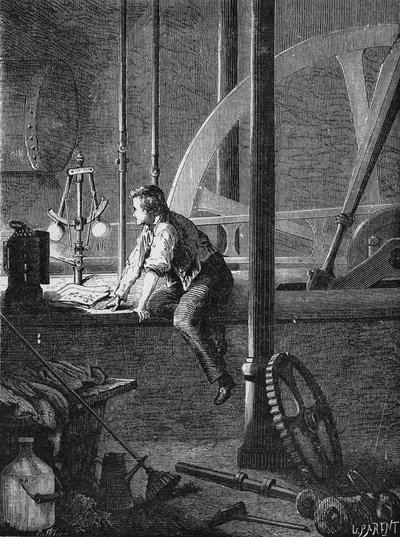 Georges Stephenson, un conducteur à Newcastle, démonte et répare sa machine à vapeur. Dans « Album de la Science », Éditions Jouvet - Unknown artist
