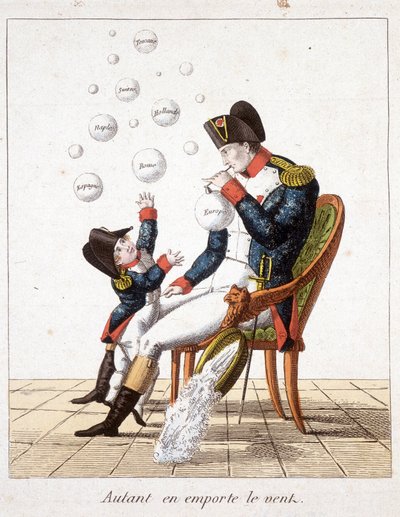Autant en emporte le vent: Napoléon faisant des bulles de savon de Toscane, Suisse, Hollande, Naples, Rome, Espagne et Europe - dans « Napoléon 1er, caricatures, collection factice », c. 1814 - Unknown artist