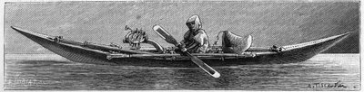 Exposition du Groenland à la Société de Géographie, Paris : Modèle de kayak fabriqué par des Esquimaux. Gravure dans «La Nature : revue des sciences et de leurs applications aux arts et à l