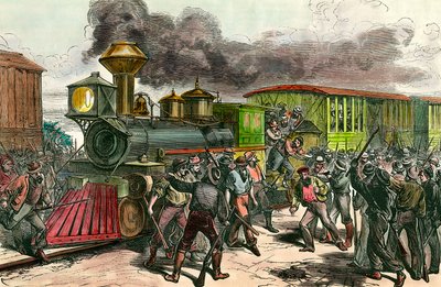 Grève sur la ligne de chemin de fer reliant Baltimore, Ohio. Les ouvriers chassent les conducteurs et les ingénieurs d