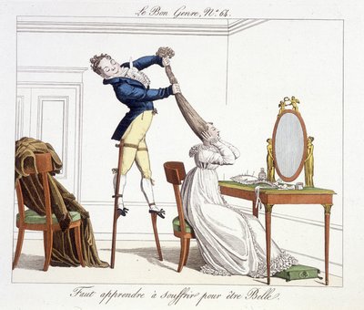 Séance de coiffure : apprendre à souffrir pour être belle - dans "Le Bon Genre", début XIXe siècle - Unknown artist