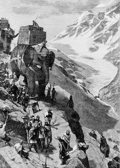 Hannibal traversant les Alpes avec des éléphants pour arriver en Italie (IIe Guerre punique). Gravure du 19e siècle. - Unknown artist