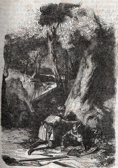 Hermonides renversé et secouru par Zerbin - gravure de 1851 de "Roland furieux" (Orlando furioso) (16ème siècle) par Ludovico Ariosto, dit l