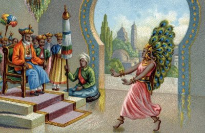 Danseuse hindoue ornée de plumes de paon : les habitants se parent de plumes de paon ou fabriquent des éventails. Chromolithographie du 19ème siècle - Unknown artist