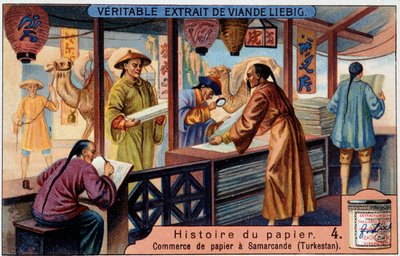 Histoire du Papier. 4. Commerce du papier à Samarcande (Turkestan). Chromolithographie Liebig - Unknown artist