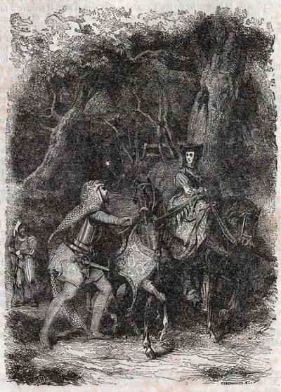 Hypalca arrêtée par Rodomont - gravure de 1851 de « Roland furieux » (Orlando furioso) (16e siècle) par Ludovico Ariosto, connu sous le nom d