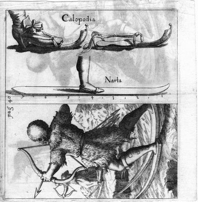 Planche illustrée représentant un ancien type de ski. Gravure de la fin du 17ème siècle - Unknown artist