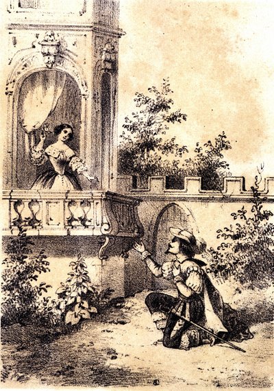 Illustration de la chanson « Le Roi a fait battre le tambour » : un homme déclarant son amour à une femme à sa fenêtre - Unknown artist
