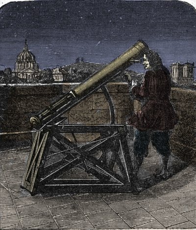 Isaac Newton (1642-1727) physicien anglais utilisant son télescope - Unknown artist