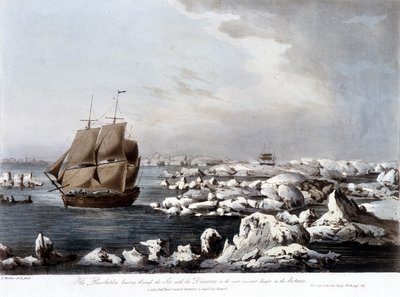 Voyages de James Cook : le bateau Resolution au premier plan et le Discovery pris dans la glace à l