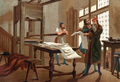 Johannes Gutenberg (1400-1468), imprimeur allemand, imprimant la première feuille de la Bible. de « Hombres y Mujeres célebres ». Barcelone 1877 - Unknown artist