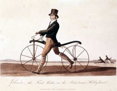 Johnson sur un vélo. Modèle inventé par le Baron von Drais : la draisienne. Fabriqué en bois sans pédales. Lithographie en couleur de 1819 - Unknown artist