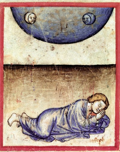 Joseph rêve que le soleil, la lune et onze étoiles se prosternent devant lui. Miniature du codex 212 (ou padovano codice ou Bible de Padoue) 1390-1400 Rovigo, Accademia dei Concordi - Unknown artist