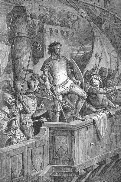 Knut le Grand (Canut I) (994 ou 995-1035) - Les hommes de Knut le Grand sur le pont de Londres, attaqués par Olaf II de Norvège - Gravure dans « Kaiser, König und Papst » par Richard Roth - Unknown artist