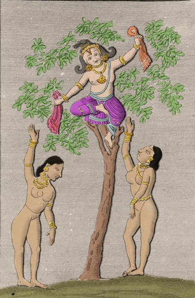 Krishna volant avec deux gopis. Gravure dans « Monuments anciens et modernes de l