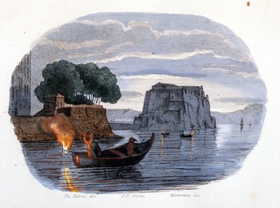 Pêche au lamparo, une lampe utilisée pour attirer les poissons, dans la baie de Naples - Unknown artist