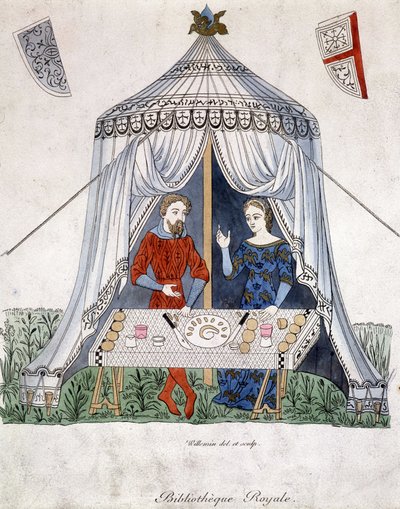 Lancelot et Guenièvre mangeant sous une tente, extrait de "Lancelot du lac", d