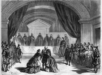 Dernière scène de la pièce de théâtre "Galilée", un drame en trois actes de François Ponsard, poète et dramaturge français (1814-1867) joué au théâtre de la Comédie-Française à Paris. Gravure dans "L