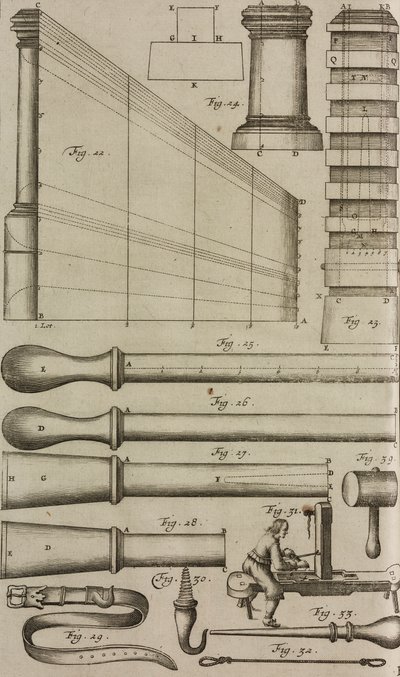 Tubes de lancement pour fusées et outils de chargement, gravure tirée du Grand Art d