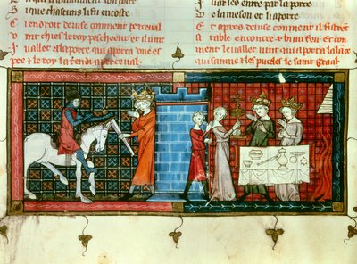 À gauche : Perceval recevant une épée du roi Pescheor. À droite : Procession du Saint Graal. Miniature du « Conte du Graal » - Unknown artist