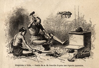 Les forgerons devant leur forge à Yedo (ou Edo, capitale impériale, actuelle Tokyo). Gravure pour illustrer le voyage au Japon, en 1863-1864, par Aimé Humbert, ministre de la Confédération suisse, dans « Le tour du monde, nouveau journal des voyages » publ - Unknown artist