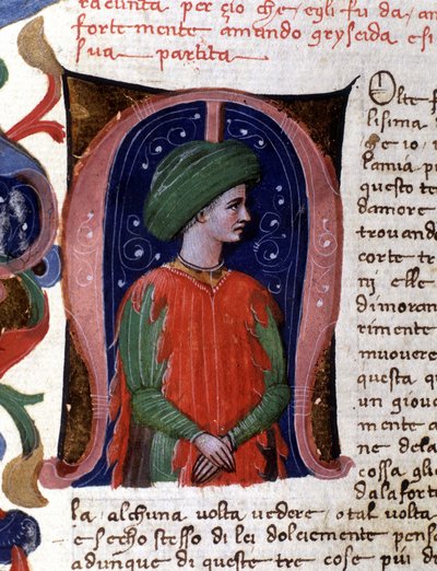 Lettrine « m » et miniature représentant le sophiste, Philostrate. Manuscrit de Boccace - Unknown artist