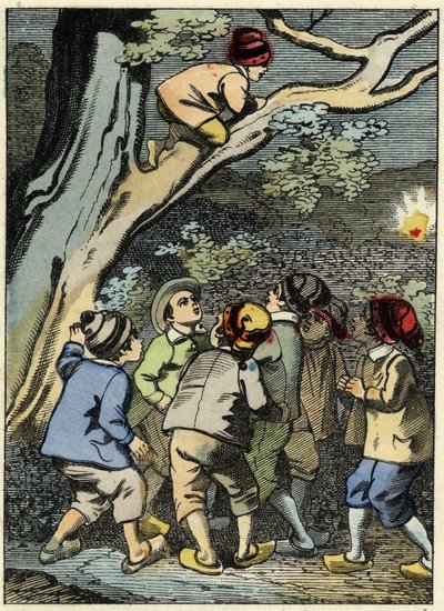 Le Petit Poucet grimpe sur un arbre et cherche son chemin. Il ramasse une lumière dans la forêt. Illustration du conte de Charles Perrault "Le Petit Poucet" - Unknown artist