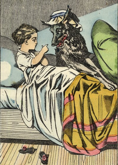Le Petit Chaperon Rouge demande au loup, "Grand-mère, comme vous avez de grandes dents." Illustration du conte "Le Petit Chaperon Rouge" de Charles Perrault - Unknown artist