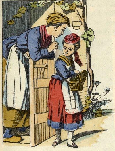 La mère du Petit Chaperon Rouge lui donne ses dernières recommandations pour aller chez la grand-mère. Illustration du conte « Le Petit Chaperon Rouge » de Charles Perrault. - Unknown artist
