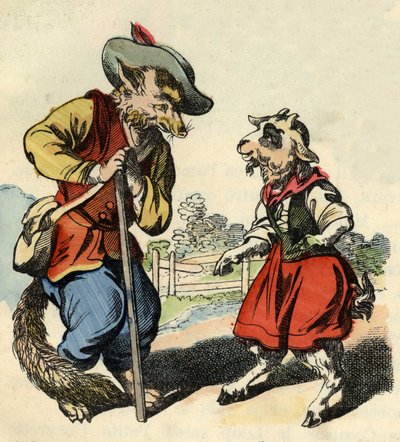 Le petit chevreau parle avec Maître Renard. Illustration du conte « Bon Médor et la Petite Chevrette ». Dans « Contes de la maison pour les petits ». Gravure anonyme du XIXe siècle - Unknown artist