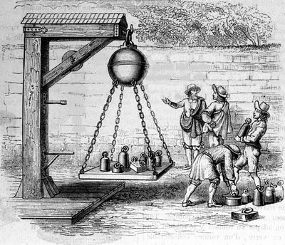 Chargement des hémisphères de Magdebourg suspendus pour calculer la pression atmosphérique - dans « Ottonis de Guericke : Experimenta Nova Magdeburgica de vacuo spatio » par Otto von Guericke (Otto de Guericke) - Unknown artist