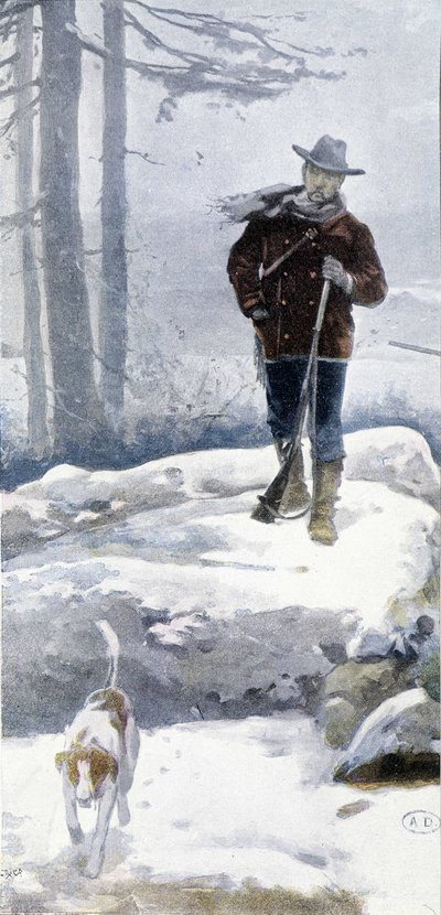 Chasseur solitaire avec chien dans un paysage enneigé, fin du 19ème siècle - Unknown artist