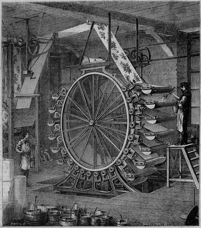 Machine à imprimer des papiers peints en vingt couleurs. Gravure dans "Les merveilles de l