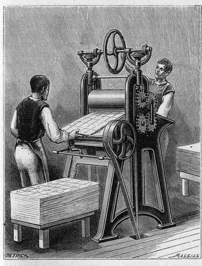 Fabrication de cartes à jouer par les anciennes méthodes. Cylindre de cartes à jouer. Gravure de 1893. - Unknown artist